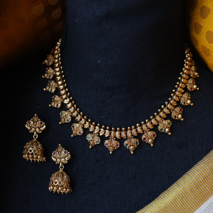 Antique gold stone short necklace and earrings G201