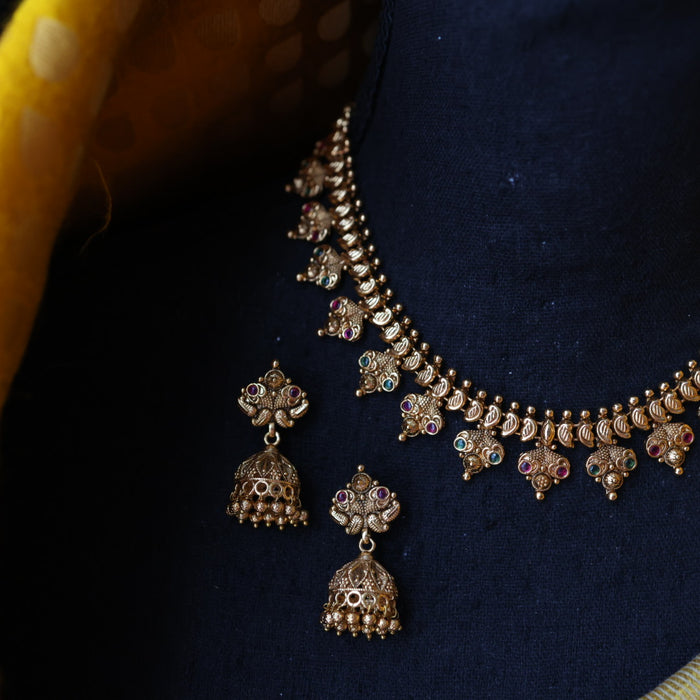 Antique gold stone short necklace and earrings G201