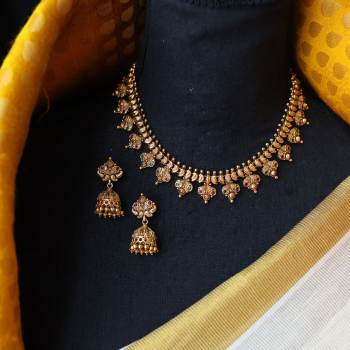 Antique gold stone short necklace and earrings G201