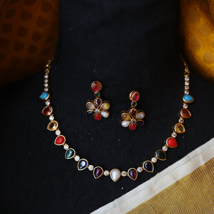 Antique navarathna stone short necklace with earrings TTS4677