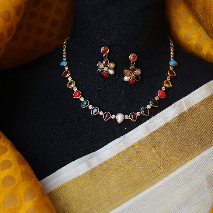 Antique navarathna stone short necklace with earrings TTS4677