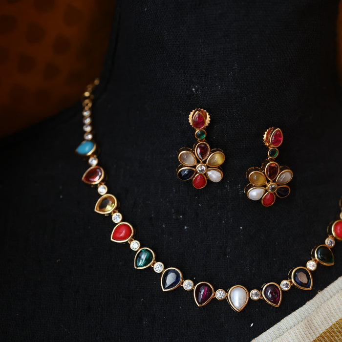 Antique navarathna stone short necklace with earrings TTS4677