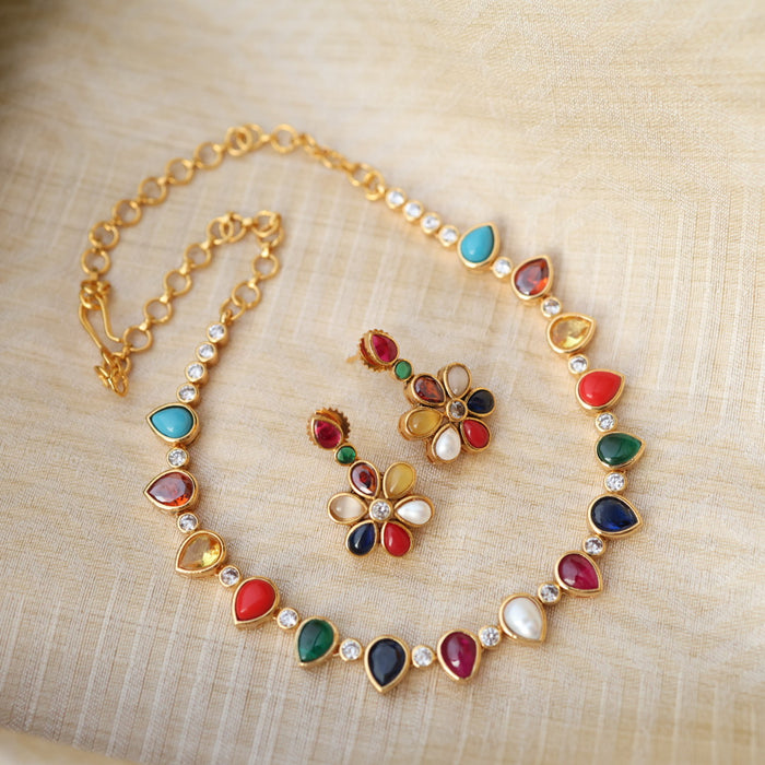 Antique navarathna stone short necklace with earrings TTS4677