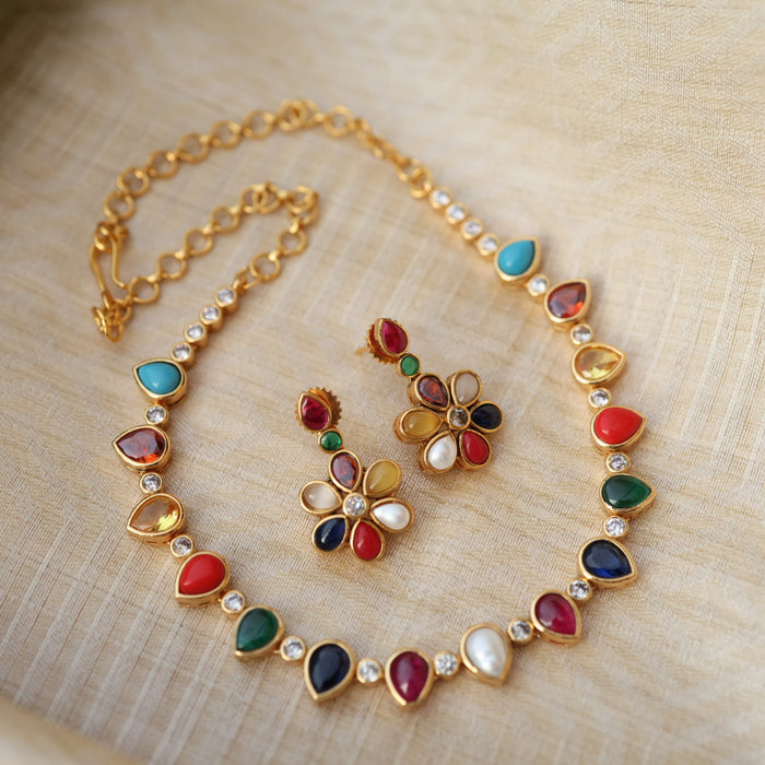 Antique navarathna stone short necklace with earrings TTS4677