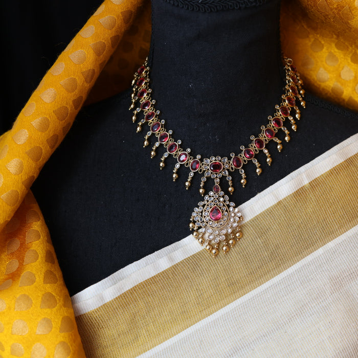 Antique ruby stone short necklace with earrings V13012