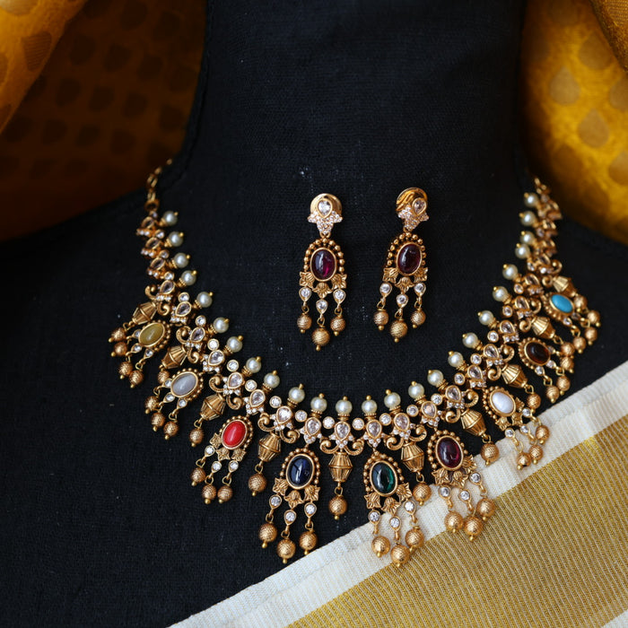 Antique navarathna short necklace with earrings S1B1679