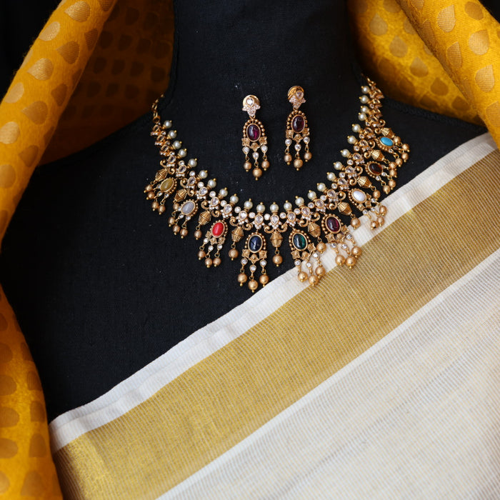 Antique navarathna short necklace with earrings S1B1679