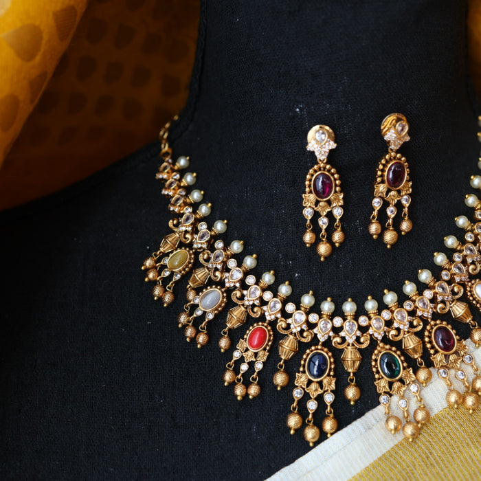 Antique navarathna short necklace with earrings S1B1679