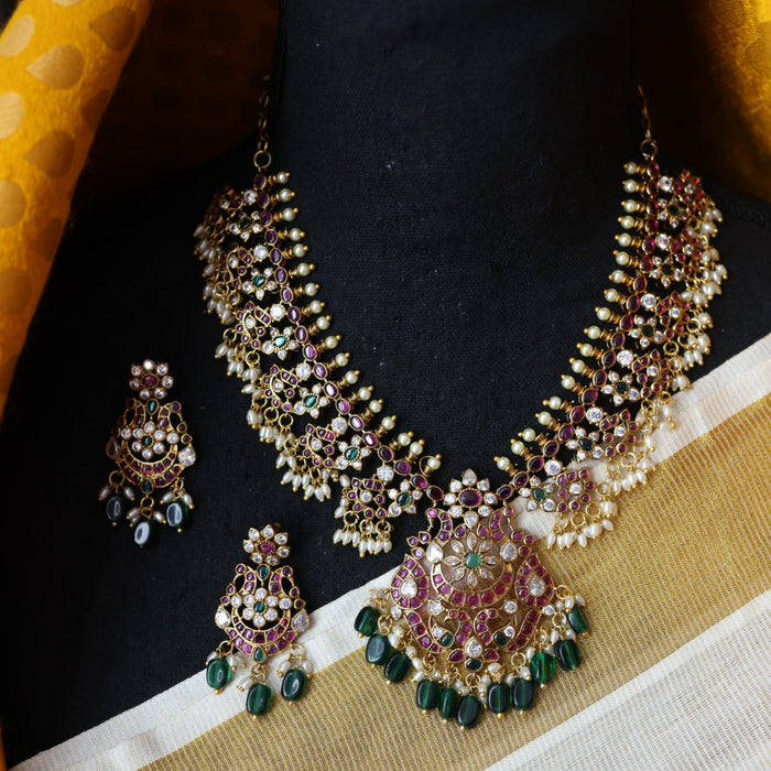 Antique ruby stone and pearl short necklace with earrings S1B26772