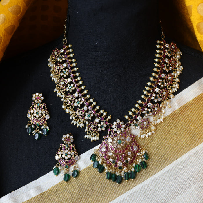 Antique ruby stone and pearl short necklace with earrings S1B26772