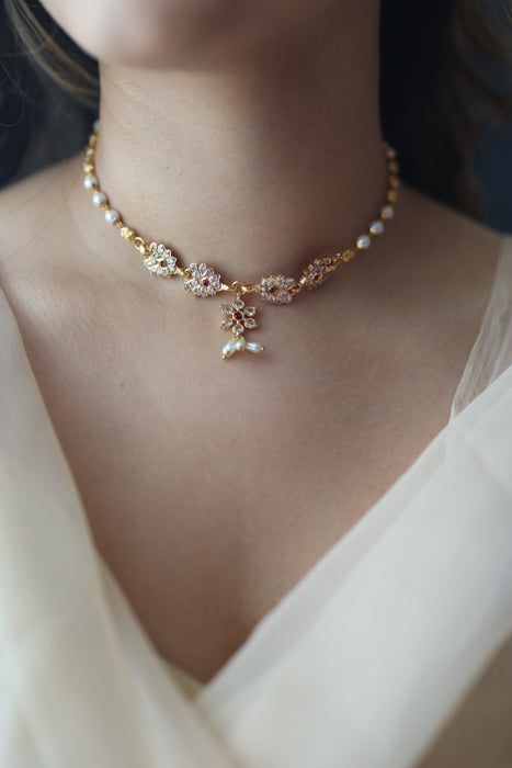 Heritage gold plated ruby white stone choker short necklace H1190