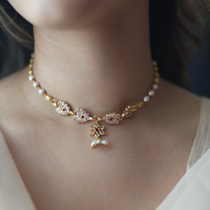 Heritage gold plated ruby white stone choker short necklace H1190