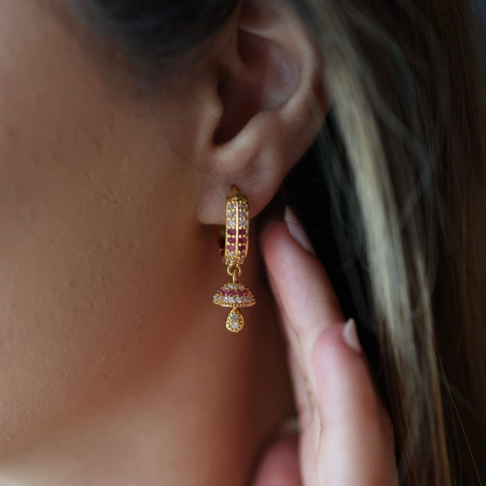 Heritage gold plated ruby white stone hoop earrings HD315