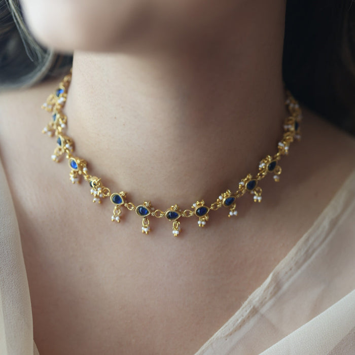 Antique blue stone choker short necklace CCB112