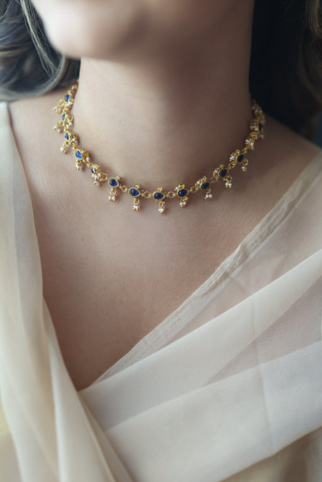 Antique blue stone choker short necklace CCB112