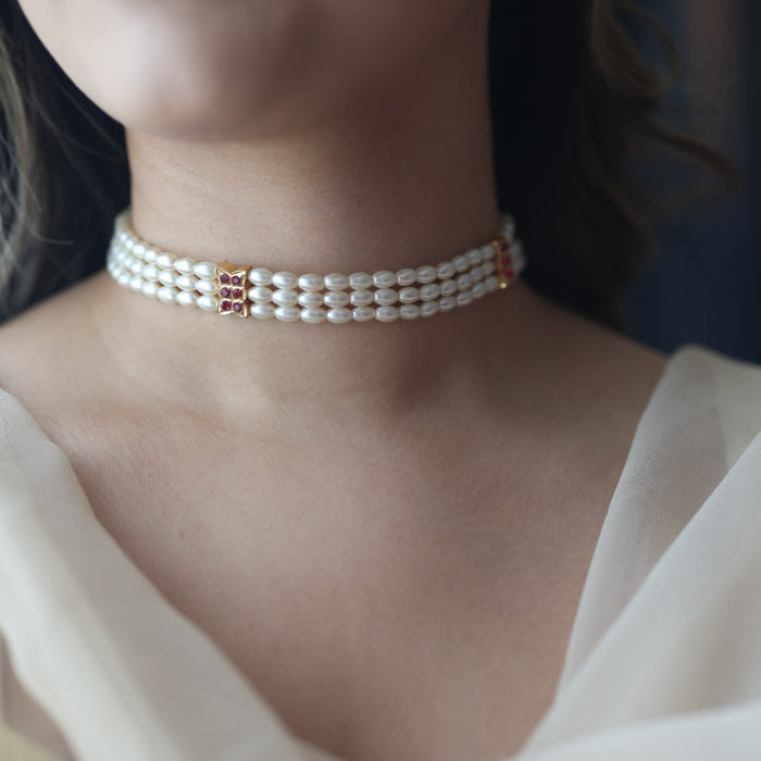 Heritage gold plated pearl choker short necklace set H2678