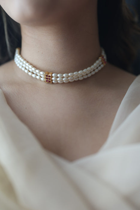 Heritage gold plated pearl choker short necklace set H2678