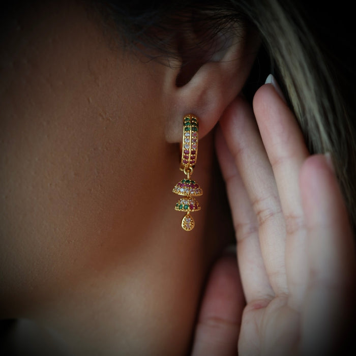 Heritage gold plated ruby green white stone hoop earrings HD1142