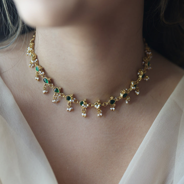 Antique green stone choker short necklace CCB11289