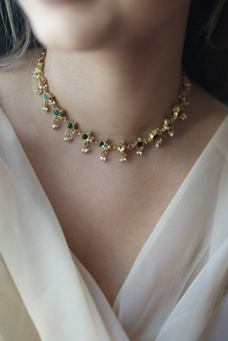 Antique green stone choker short necklace CCB11289