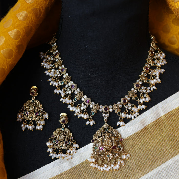 Antique stone and pearl short necklace with earrings S1B2991