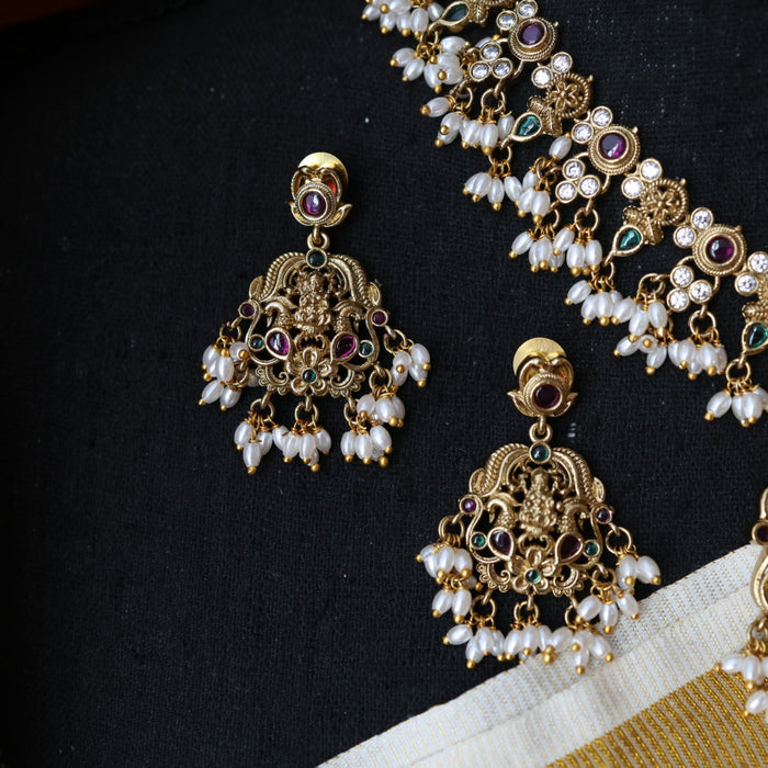 Antique stone and pearl short necklace with earrings S1B2991