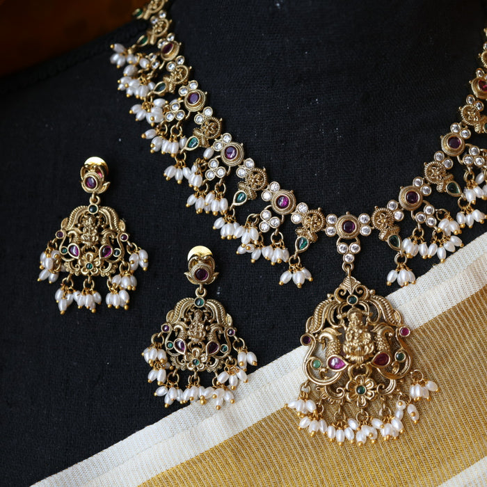 Antique stone and pearl short necklace with earrings S1B2991