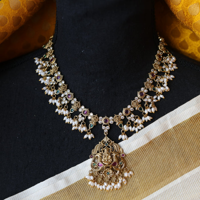 Antique stone and pearl short necklace with earrings S1B2991
