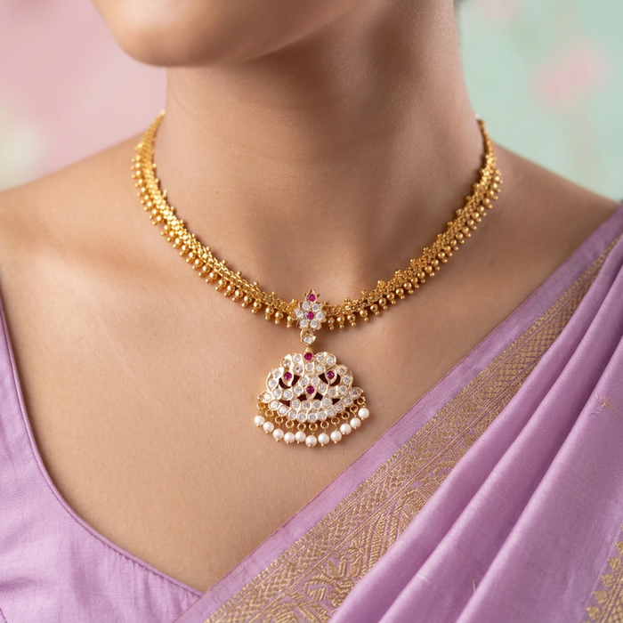 Heritage gold plated ruby white stone short necklace H5812
