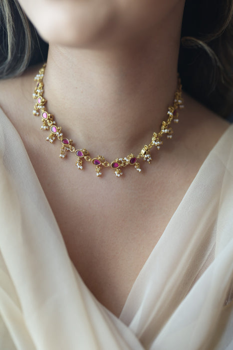 Antique ruby stone choker short necklace CCB138