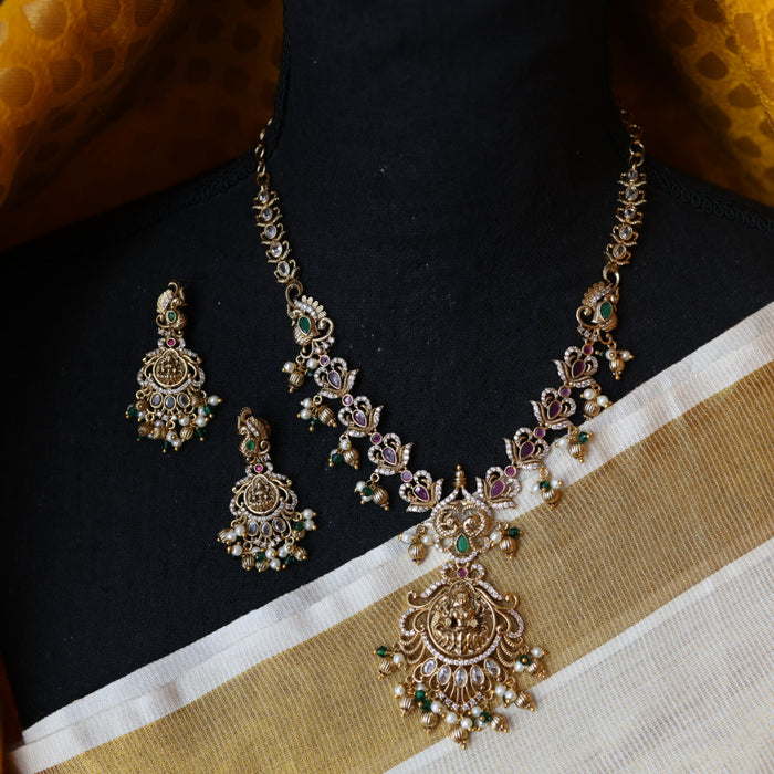 Antique stone and pearl short necklace with earrings S1B287
