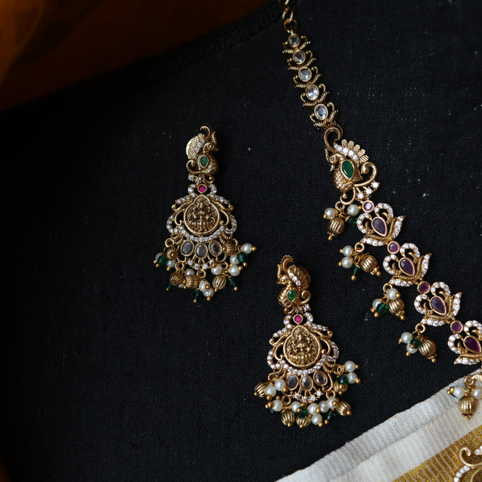 Antique stone and pearl short necklace with earrings S1B287