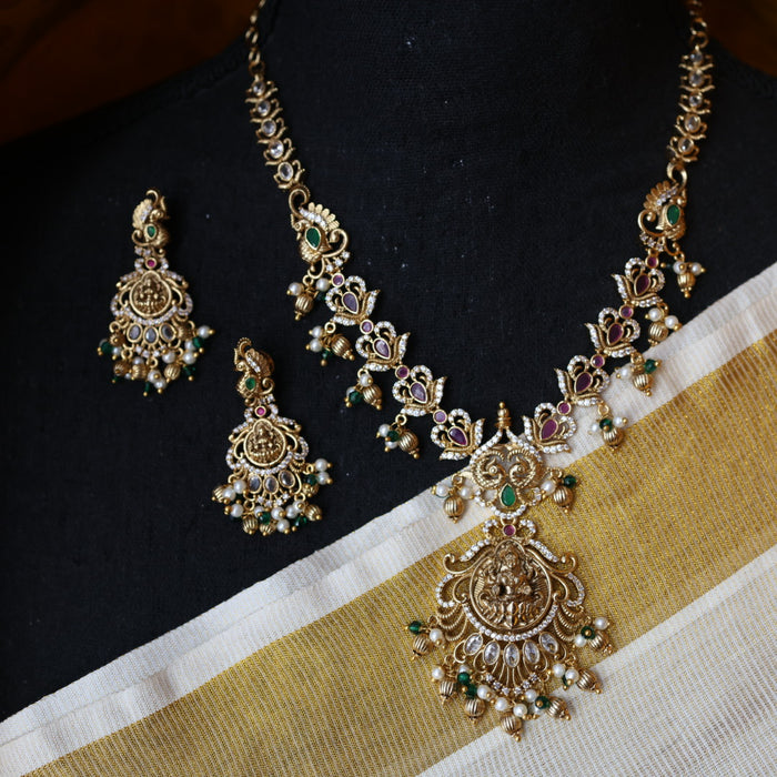 Antique stone and pearl short necklace with earrings S1B287