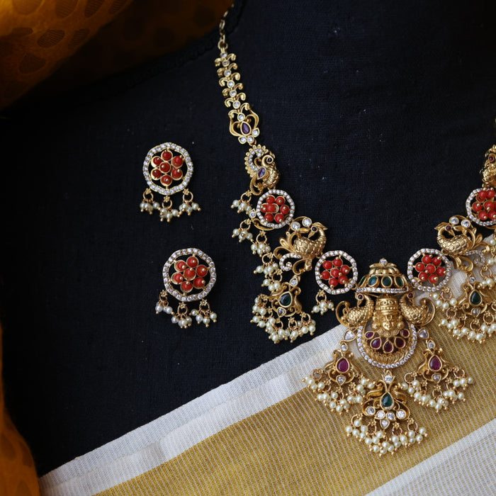 Antique red stone short necklace and earrings SS11011