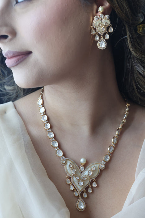 Kundan ruby white stone short necklace with earrings IN134