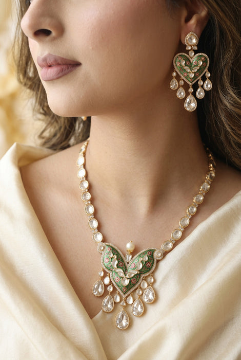 Kundan ruby white stone short necklace with earrings IN134