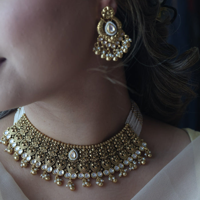 Antique gold and pearl choker necklace with earrings CCB239898