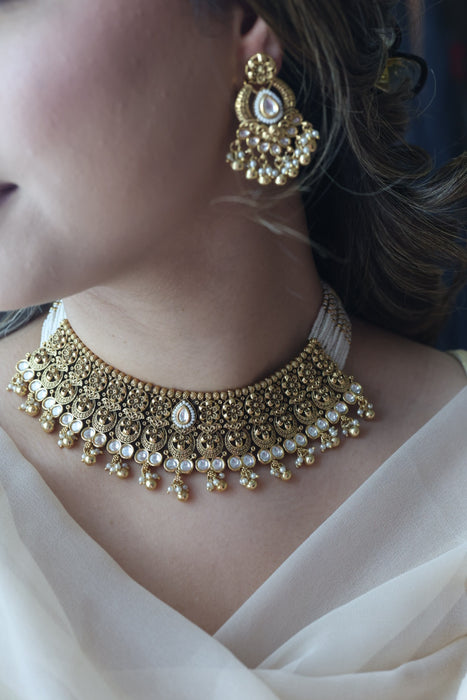 Antique gold and pearl choker necklace with earrings CCB239898