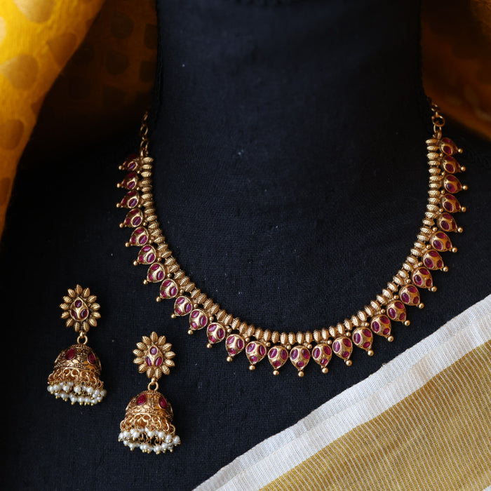 Antique gold ruby stone short necklace with earrings G3562