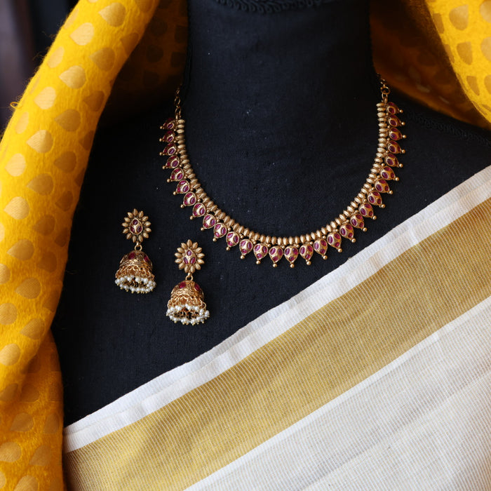 Antique gold ruby stone short necklace with earrings G3562