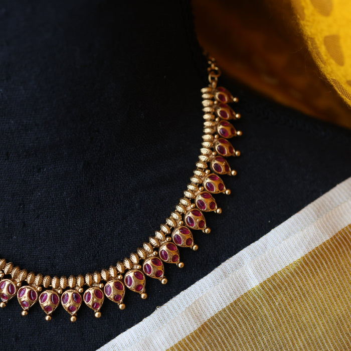Antique gold ruby stone short necklace with earrings G3562