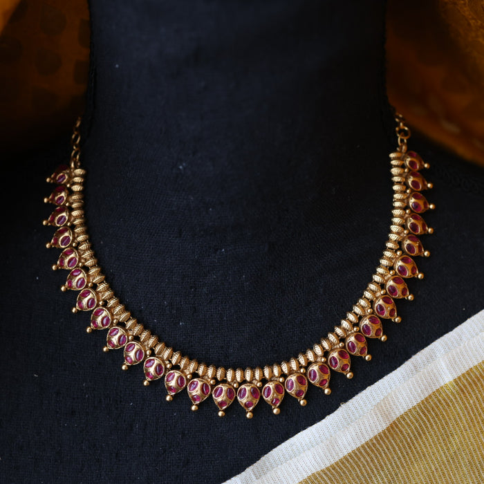 Antique gold ruby stone short necklace with earrings G3562