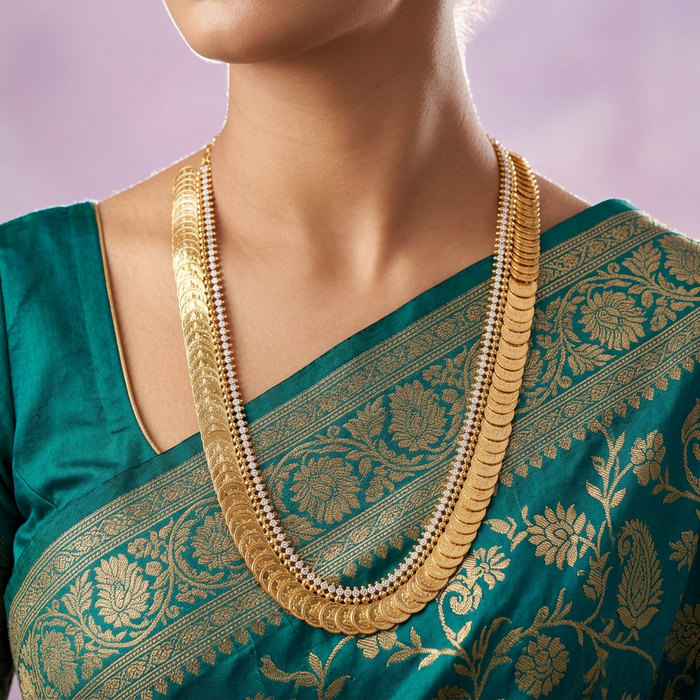 Heritage gold plated white stone coin long necklace HL512
