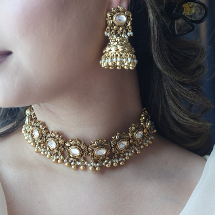 Antique pearl choker necklace with earrings CCB21024