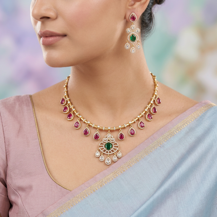 Antique multi stone short necklace with earrings TTS43543