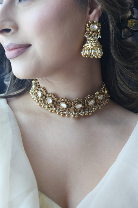 Antique pearl choker necklace with earrings CCB21024