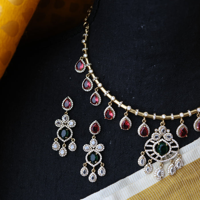 Antique multi stone short necklace with earrings TTS43543