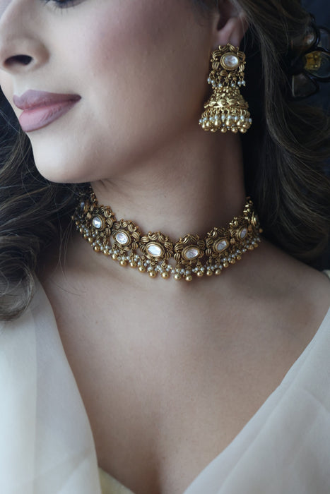 Antique pearl choker necklace with earrings CCB21024
