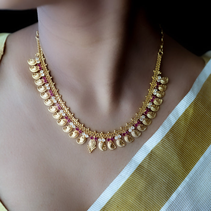 Heritage gold plated ruby white stone mango short necklace HL5582