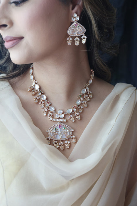 Kundan mint green and white stone short necklace with earrings MS17224